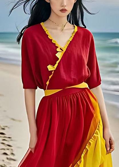 Red Asymmetrical Ruffled Patchwork Chiffon Dress Summer