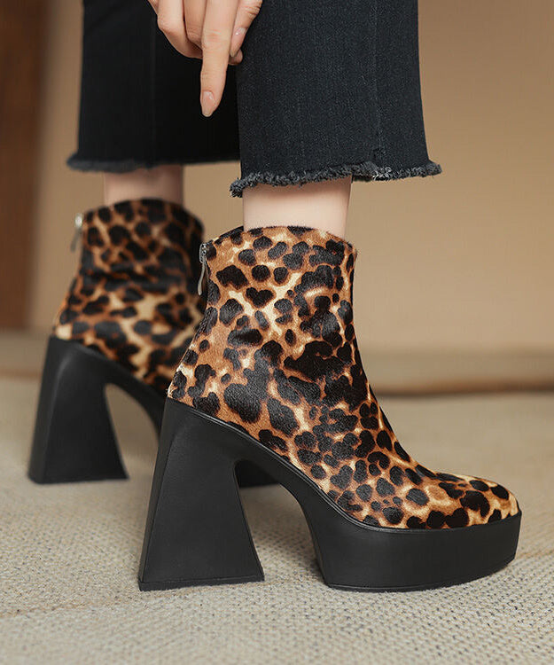 Black Chunky Heel Zippered Splicing Horsehair Boots