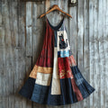Comstylish Retro Sashiko Cute Cat Patchwork Maxi Dress