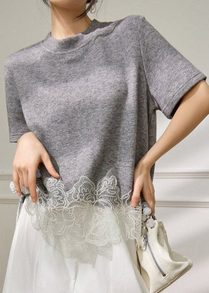 Grey Lace Patchwork Top Short Sleeve