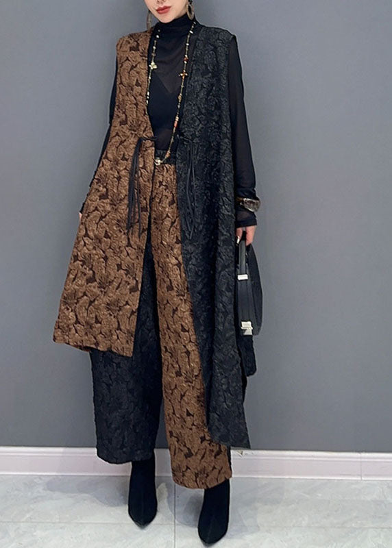 Classy Black Patchwork Brown V Neck Waistcoat and Wide Leg Pants Two Pieces Set Fall