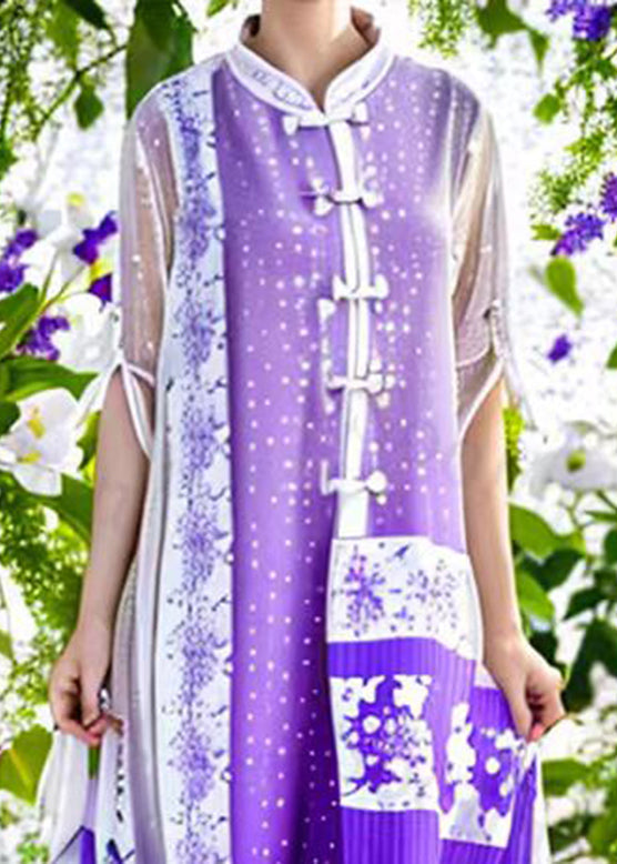 Chinese Style Purple Stand Collar Patchwork Side Open Button Silk Vacation Maxi Dresses Summer