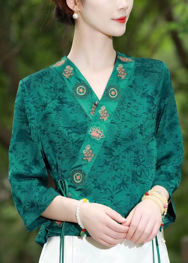Green Embroideried Lace Up Patchwork Silk Top Summer