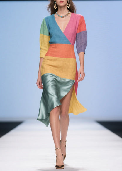Italian Multicolored Asymmetrical Patchwork Linen Silk Dress Summer