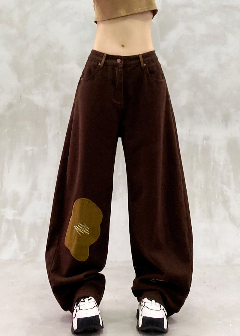 Brown Oversized Patchwork Applique Denim Pants Spring
