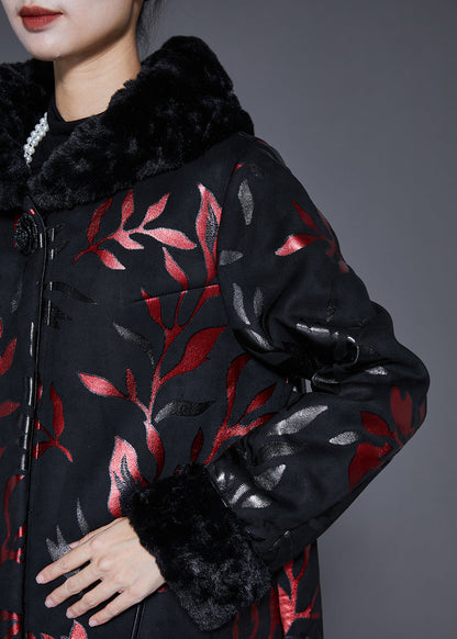 Black Fur Collar Print Warm Fleece Coats Winter