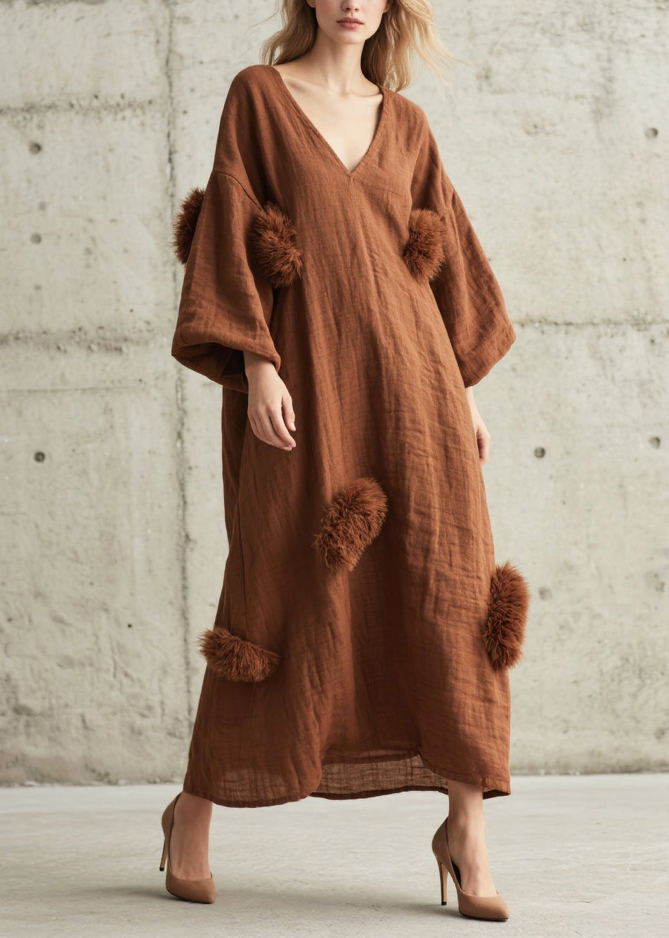 Art Brown Oversized Fuzzy Ball Decorated Cotton Ankle Dress Fall