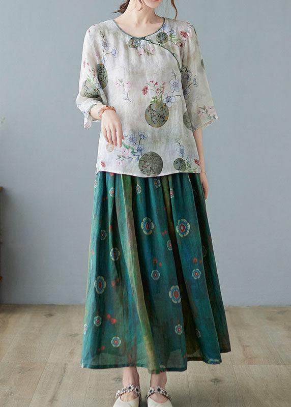 Modern Light Green O-neck Print Blouse Spring Top
