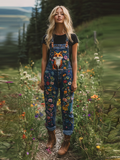 Respect The Locals Fox Floral Embroidered Denim Overalls artswardrobe