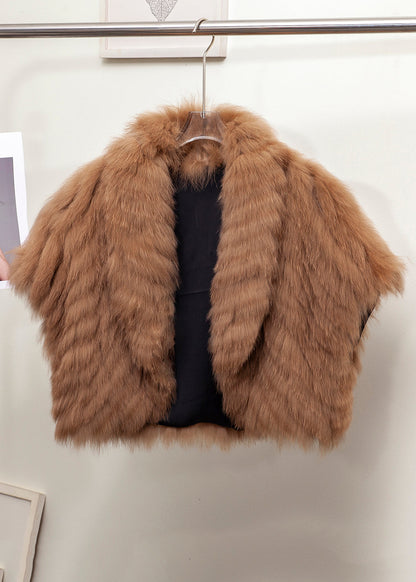 Boutique Coffee Peter Pan Collar Leather and Fur Short Coats Winter