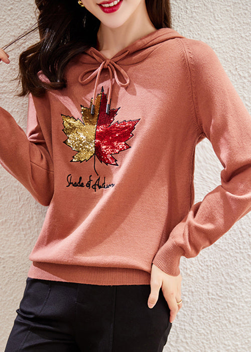 Rubber Red Hooded Embroideried Patchwork Cotton Top Fall