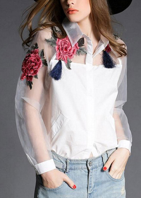 Organza White Peter Pan Collar Embroideried Tulle Patchwork Cotton Shirts Long Sleeve