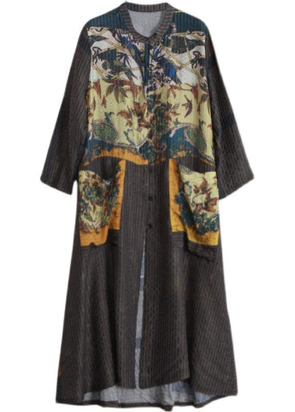 100% Yellow Print Clothes Stand Collar Spring Dress