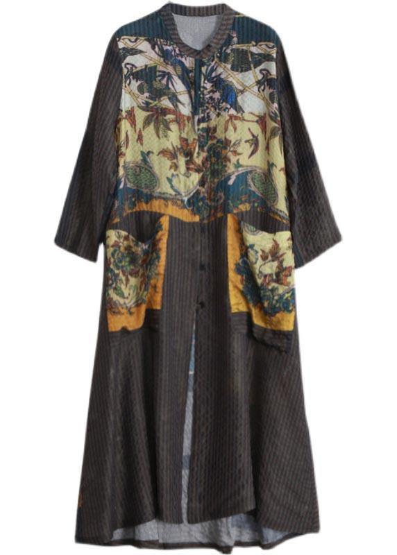 100% Yellow Print Clothes Stand Collar Spring Dress