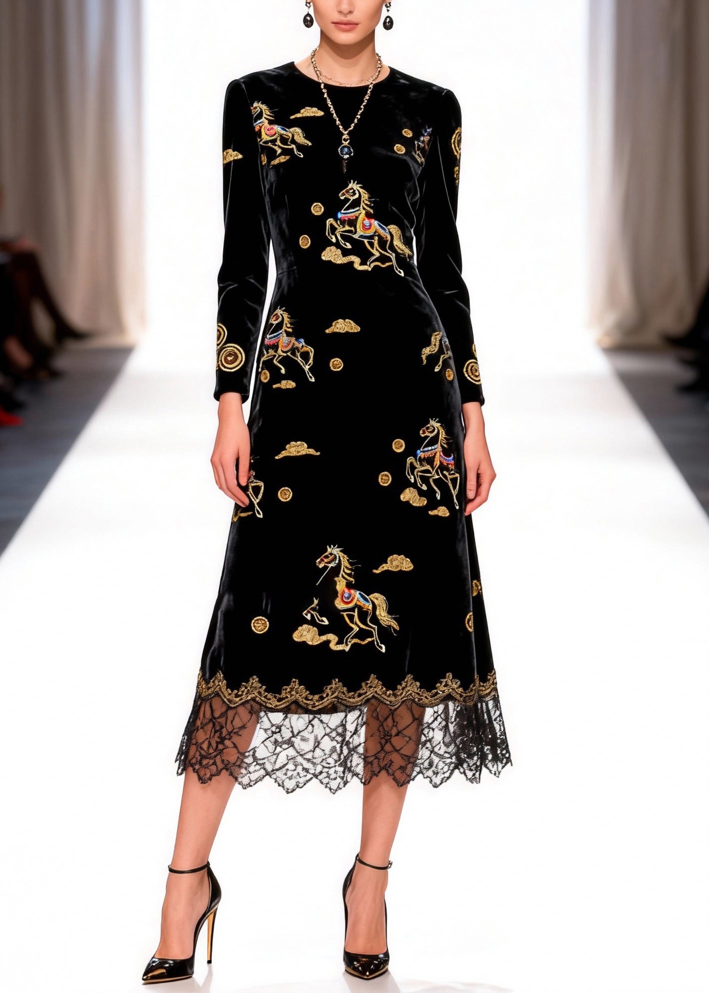 Black Print Horse Silk Velvet Long Dress O-neck Spring