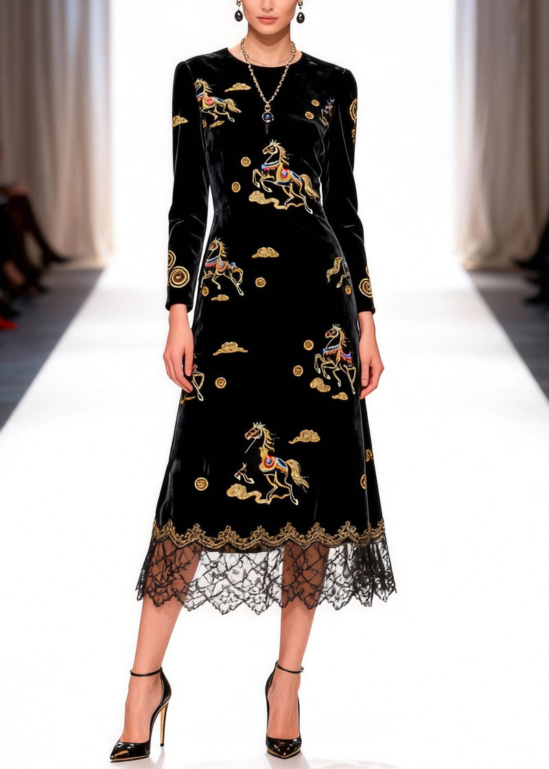 Black Print Horse Silk Velvet Long Dress O-neck Spring