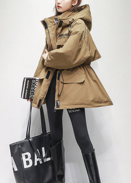 Coffee Hooded Pockets Drawstring Warm Fleece Jacket Winter
