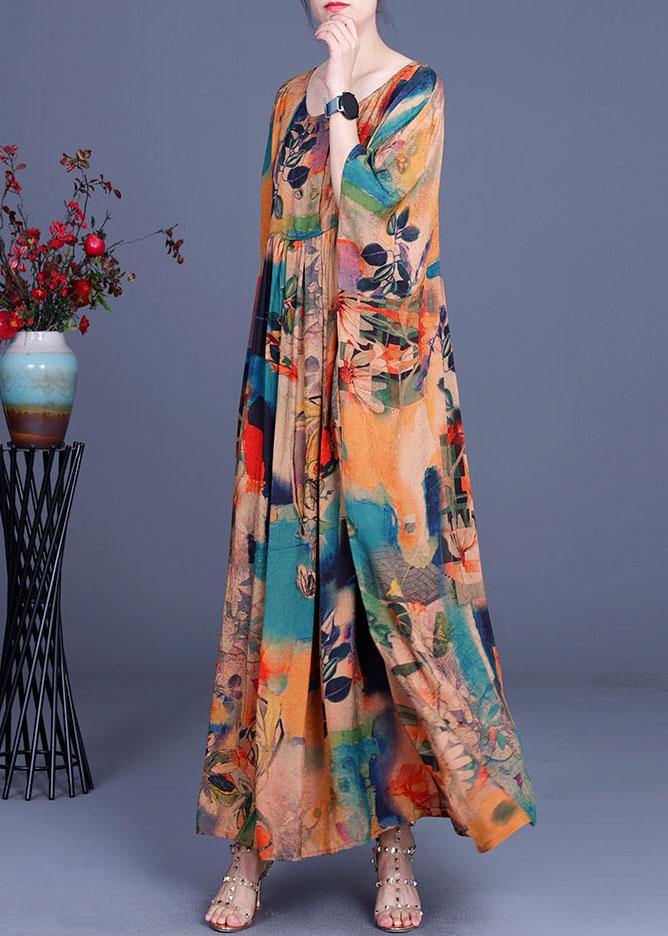 French Orange Print Button Batwing Sleeve Chiffon Summer Maxi Dresses