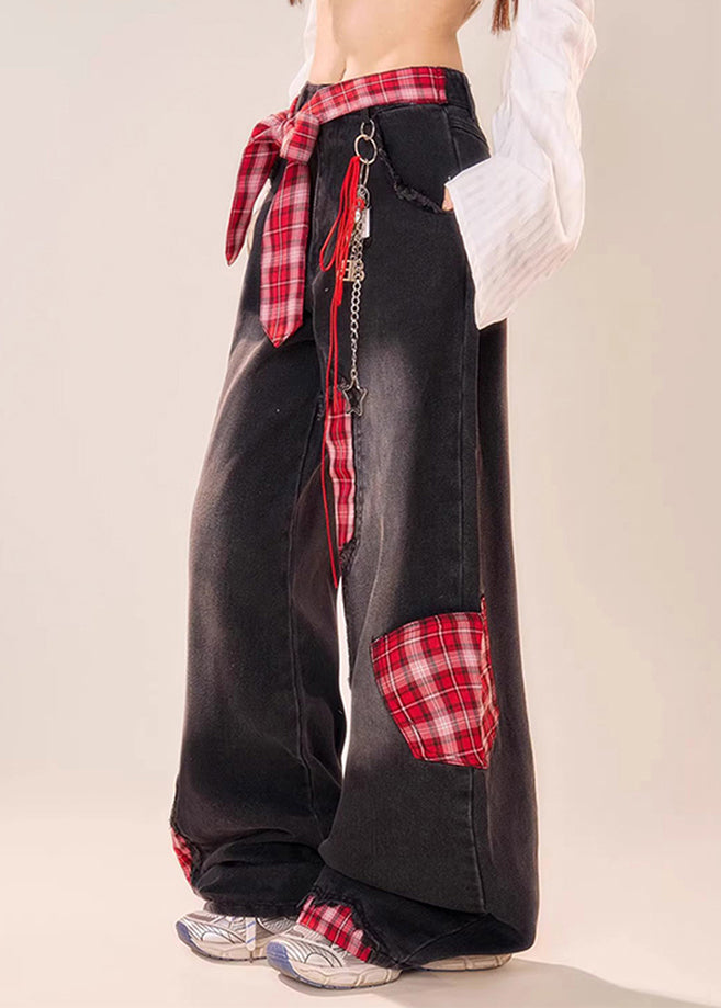Black Bow Plaid Patchwork Denim Wide Leg Pants Fall
