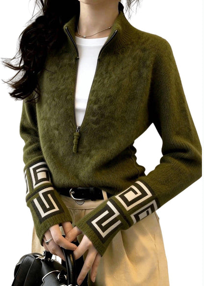 Fine Tea Green Zip Up Print Knit Sweater Tops Winter