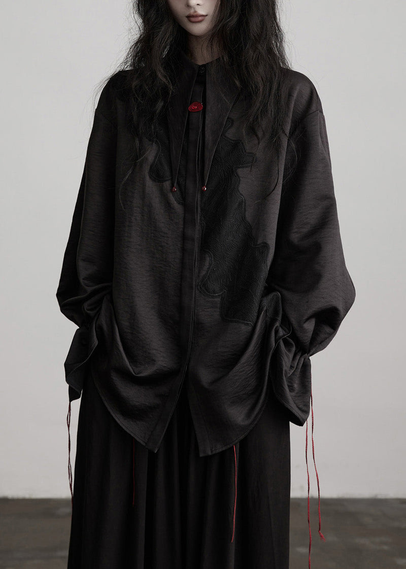 Black Peter Pan Collar Drawstring Patchwork Silk Blouses Fall