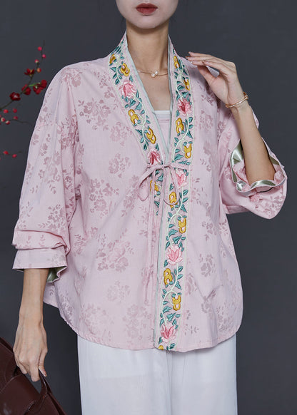 Pink Embroidered Lace Up Silk Cardigans Spring