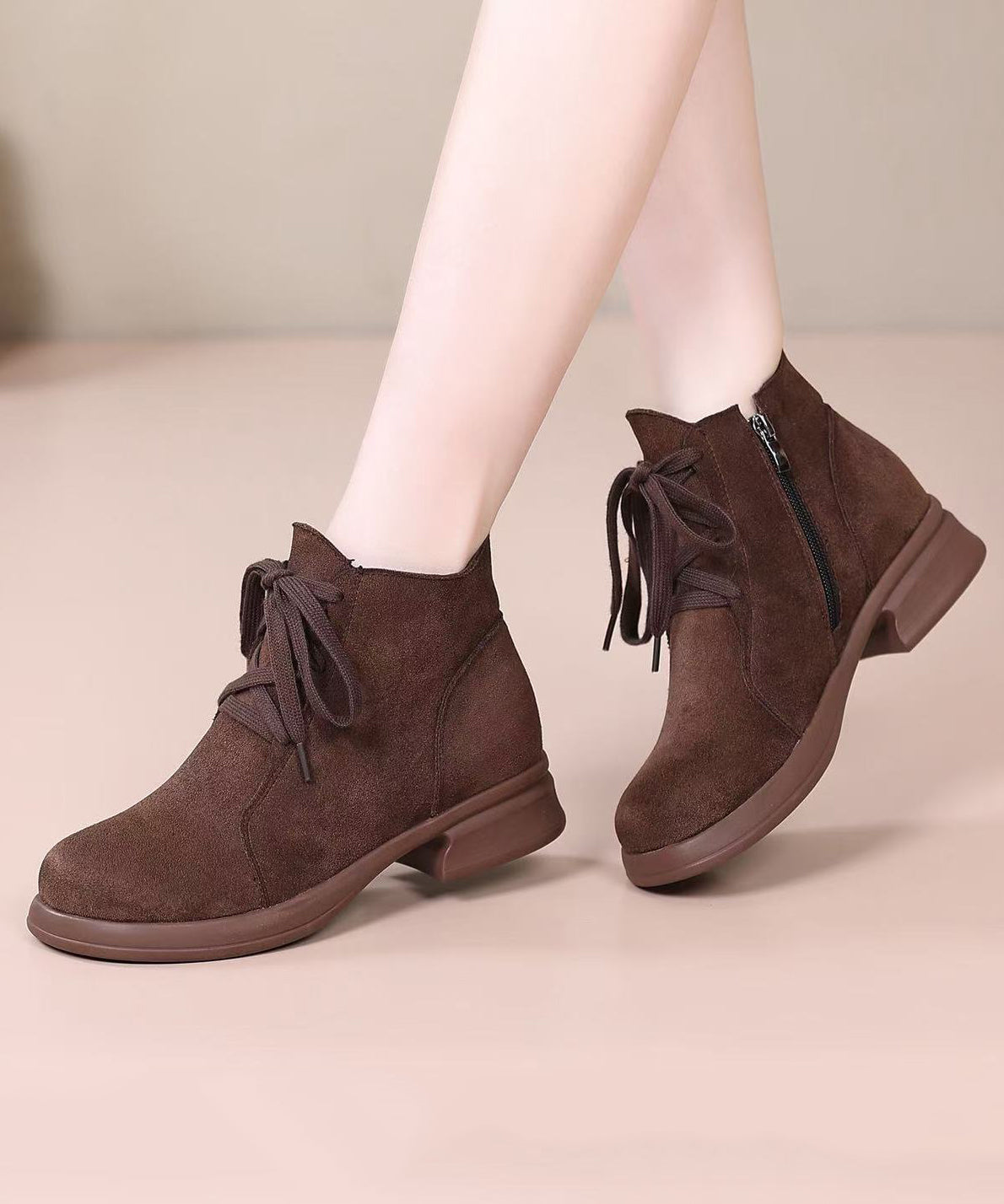 Brown Lace Up Chunky Suede Splicing Boots