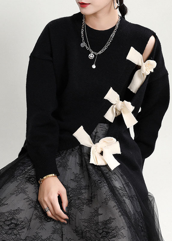 Organic Black O-neck Patchwork Asymmetrical Design Fall Knit Knitted Sweaters