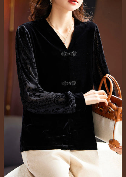 Black V Neck Button Silk Velour Tops Long Sleeve