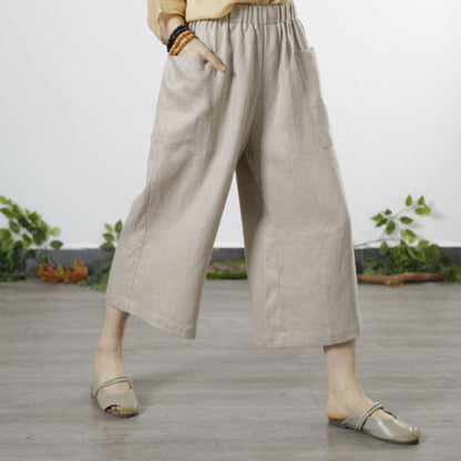 Natural Red Pockets Fall Wide Leg Linen Pants