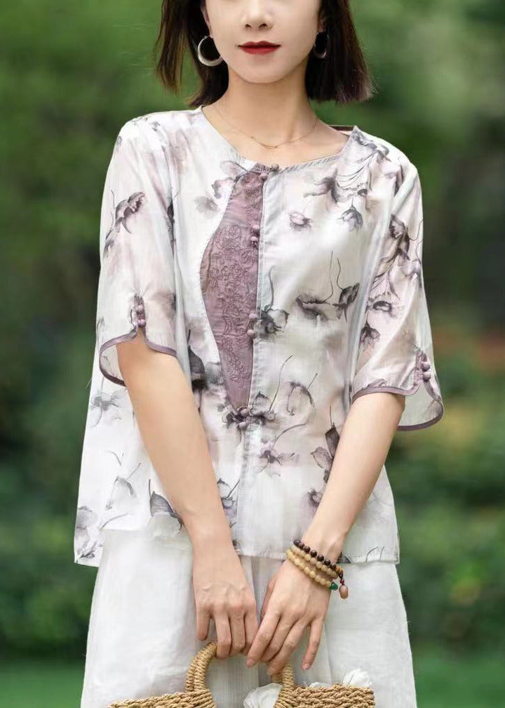 Blue Print Patchwork Linen Shirts Short Sleeve