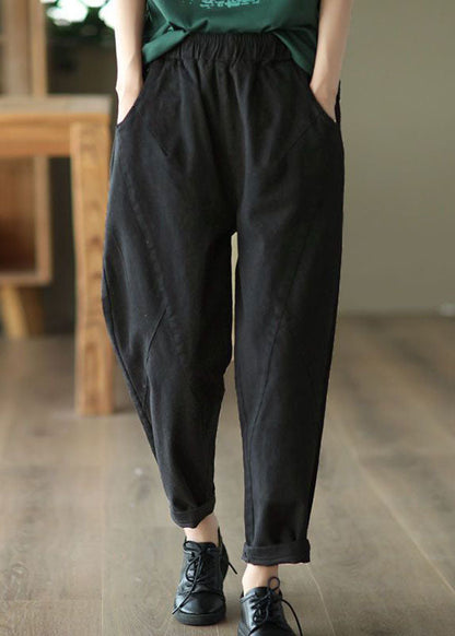 Art White Pockets Patchwork Elastic Waist Cotton Harem Pants Spring