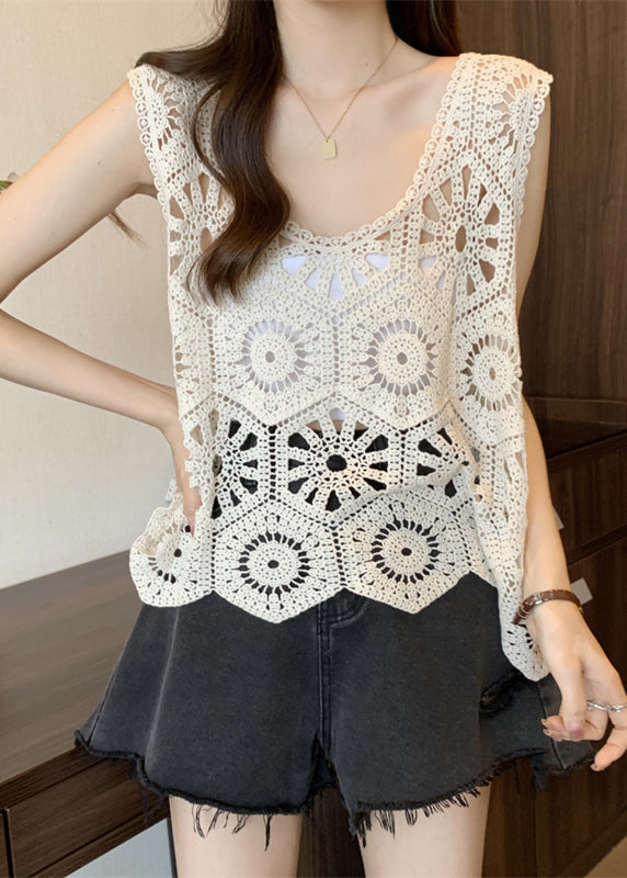 White Hollow Out Oversized Knit Vests Summer