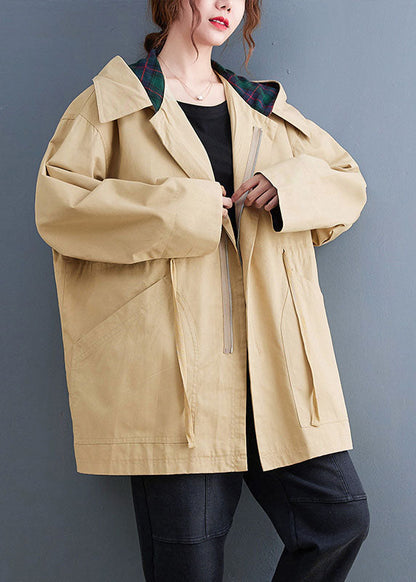 Boutique Khaki Pockets Drawstring Fall Hoodie Coat