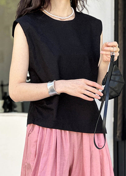 Black Cozy Linen Tops O Neck Summer