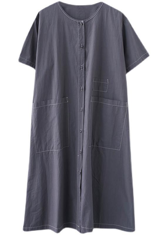 Blue Pockets Short Sleeve Maxi Summer Cotton Dress