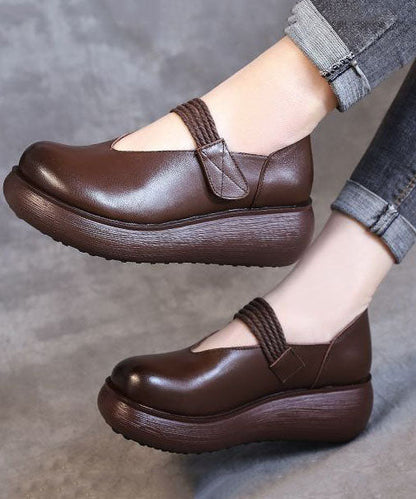 Diy Splicing Chunky High Wedge Heels Shoes Brown Cowhide Leather