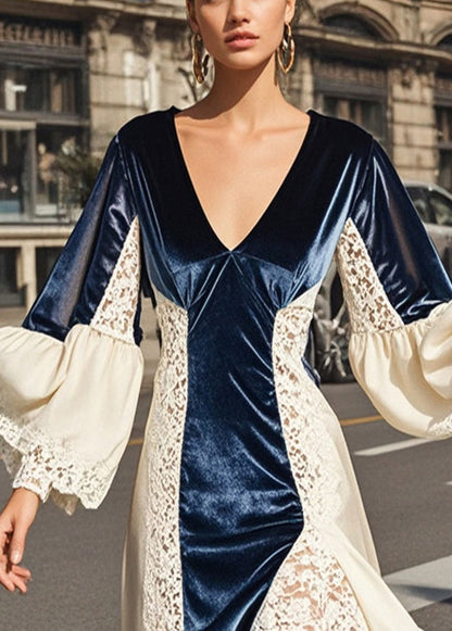 Style Navy Asymmetrical Lace Patchwork Silk Velour Wraped Dress Fall