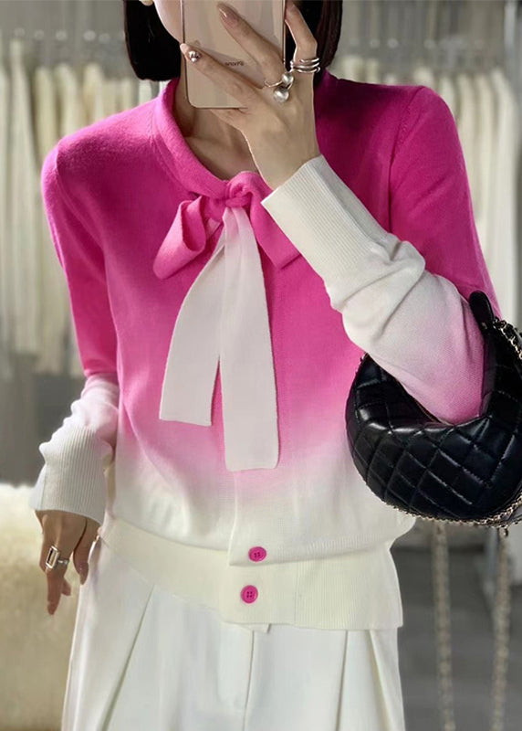 Rose Gradient Color Lace Up Wool Knit Sweaters Long Sleeve