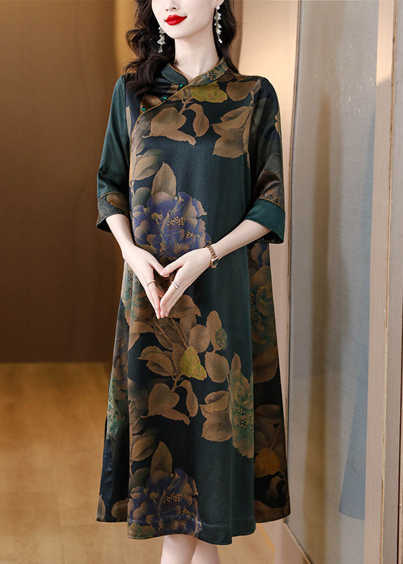 Stand Collar Print Button Silk Long Dress Fall