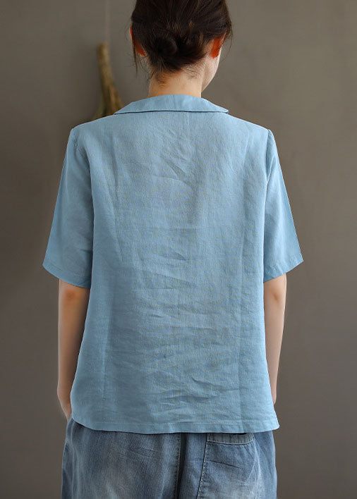 Blue Oriental Linen Shirts Button Short Sleeve