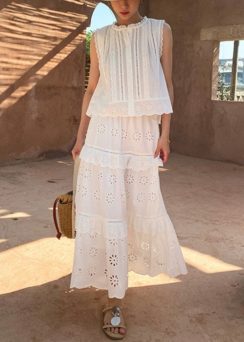 French White Hollow Out Blouses and Skirts Cotton Two Pieces Set Sleeveless