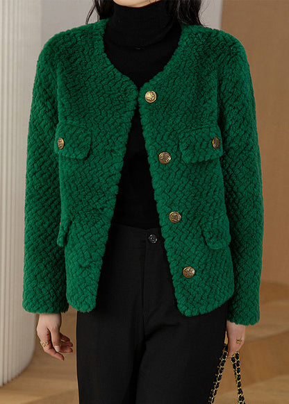 Green O-neck Button Woolen Coat Long Sleeve
