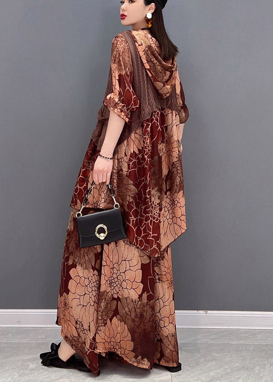 Brown Hooded Knit Patchwork Chiffon Tops and Wide Leg Pants Two Pieces Half Sleeve Spring