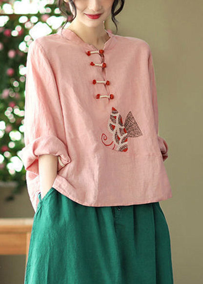 Pink O-neck Embroideried Linen Top Long Sleeve