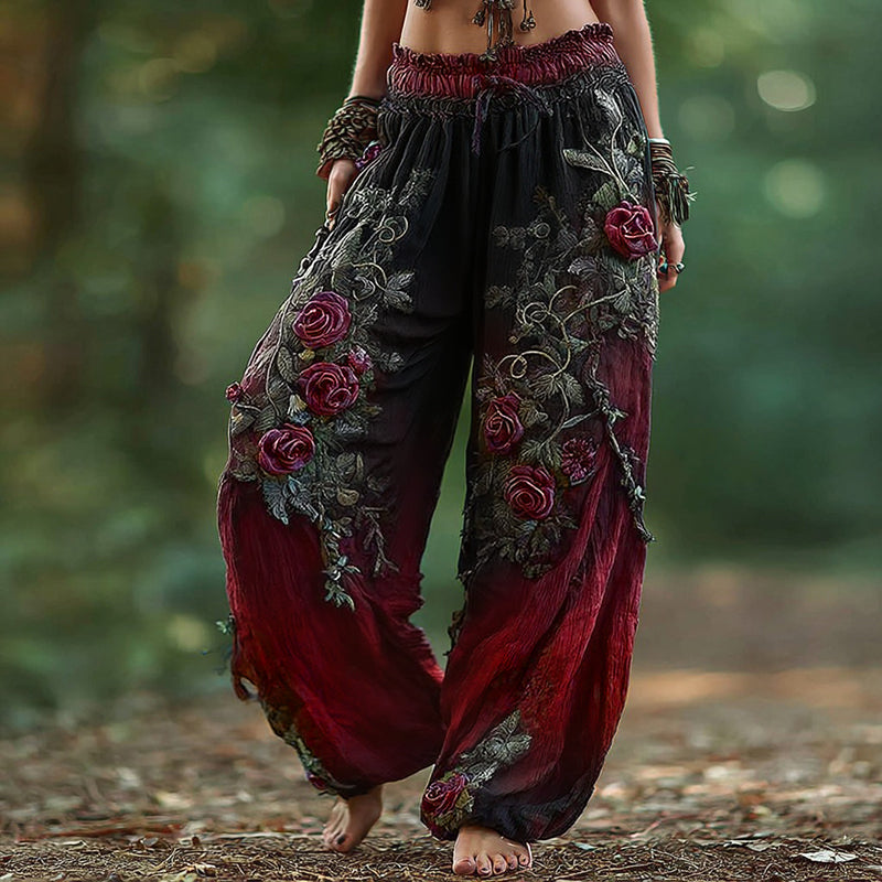 Women's Vintage Rose Floral Pattern Casual Pants artswardrobe