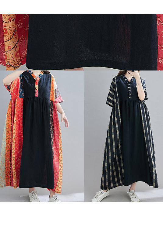 100% V Neck Patchwork Spring Clothes Sleeve Black Plaid Maxi Dress
