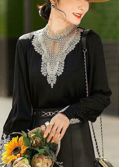 Black Stand Collar Embroideried Hollow Out Chiffon Blouse Tops Long Sleeve
