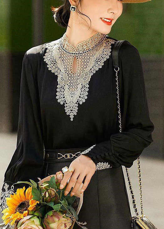 Black Stand Collar Embroideried Hollow Out Chiffon Blouse Tops Long Sleeve