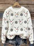 Comstylish Snowman Faces & Snowflakes Embroidered Cozy Plush Sweatshirt